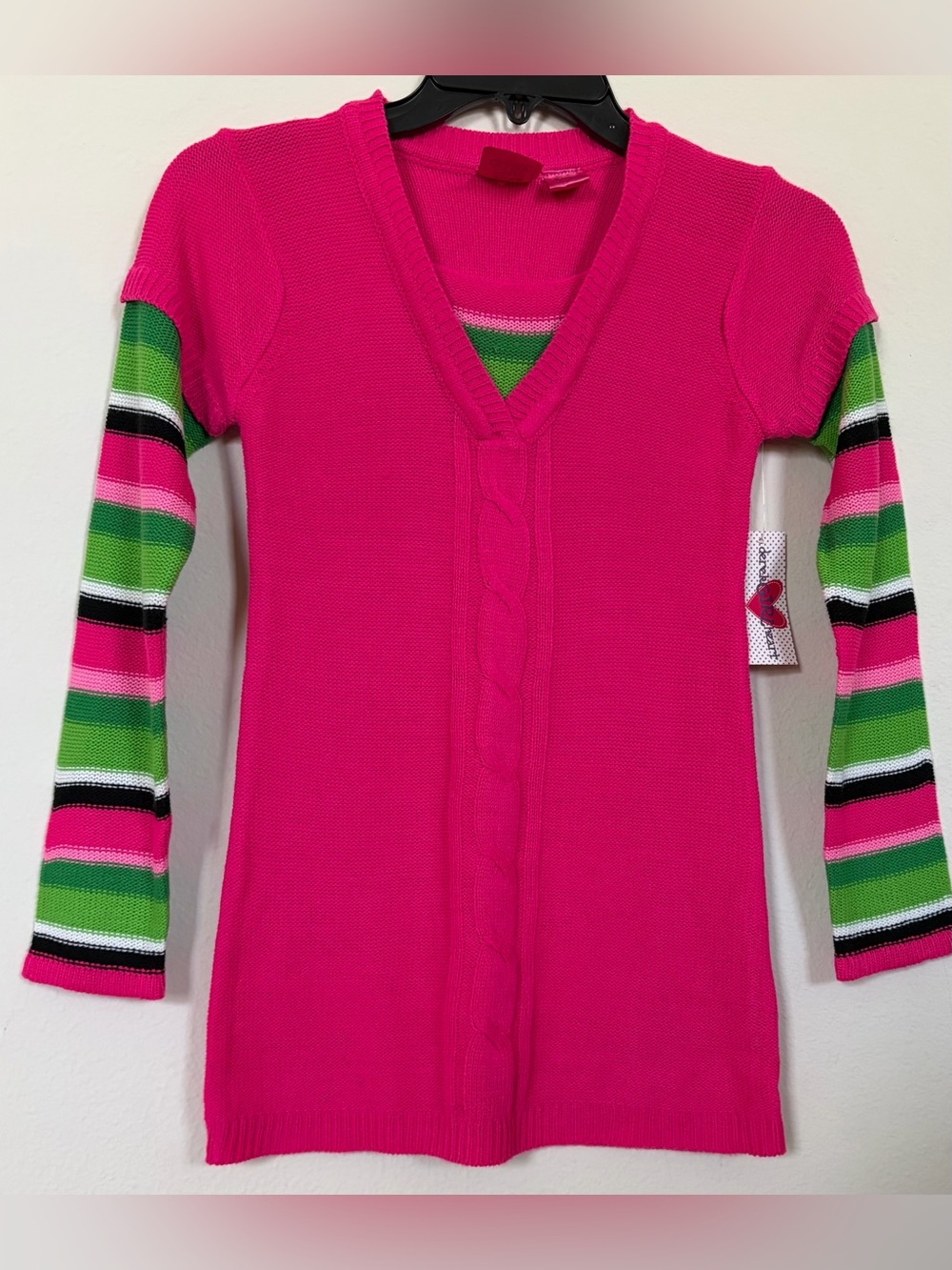 Derek Heart Girl’s Hot Pink V-Neck Sweater Dress with Green &Pink Striped Sleeve